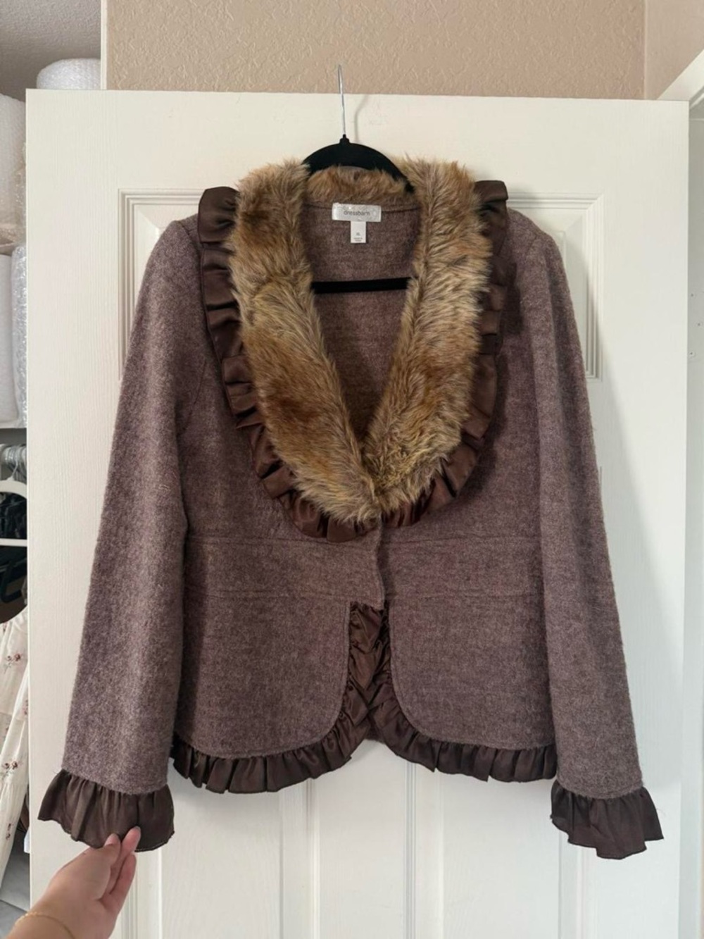 Vintage Dressbarn Fur Collar Ruffle Trim Wool Jacket